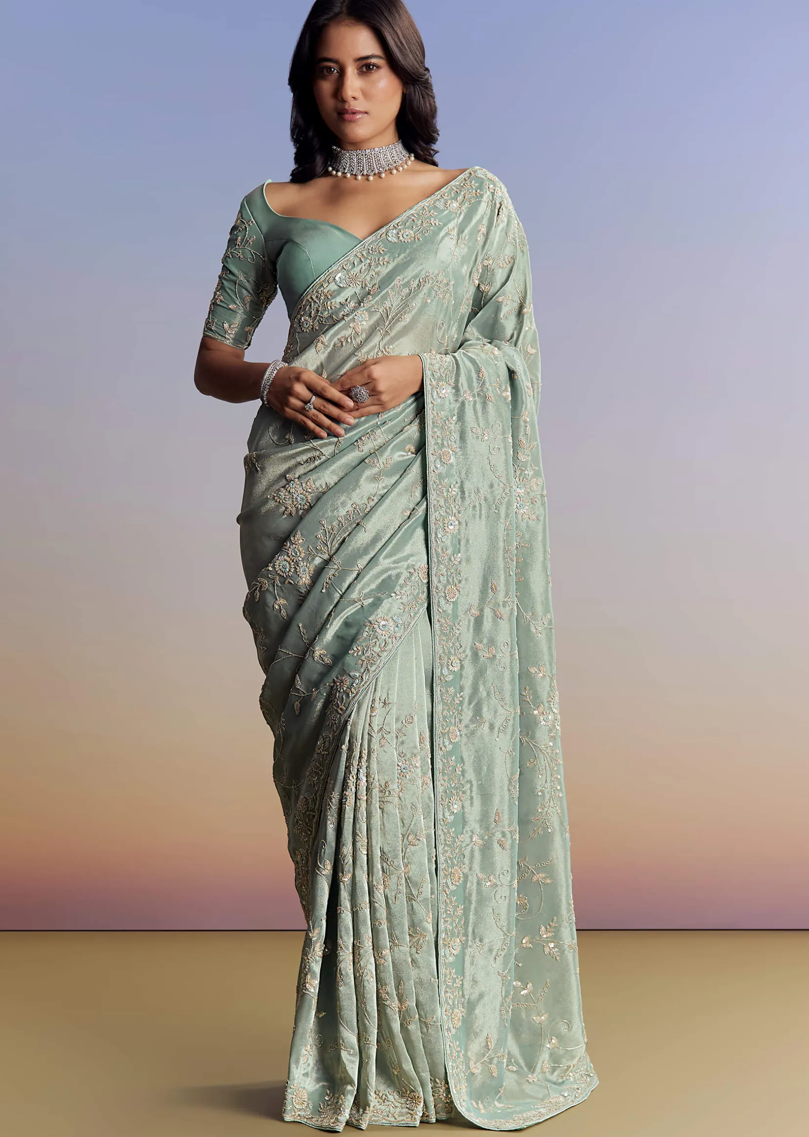 Blue Tissue Saree With Cutdana Sequins And Beads Hand Embroidery