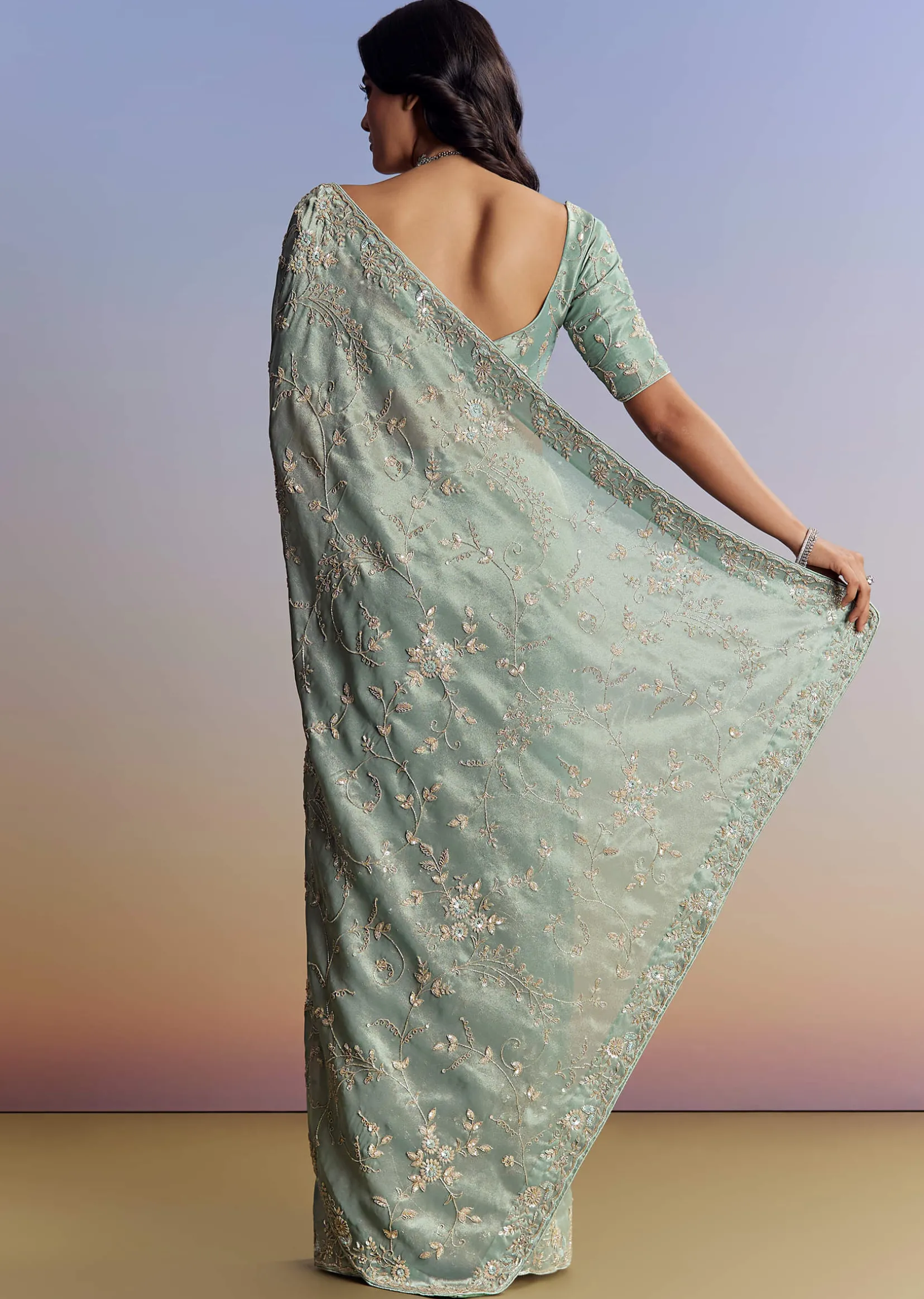 Blue Tissue Saree With Cutdana Sequins And Beads Hand Embroidery