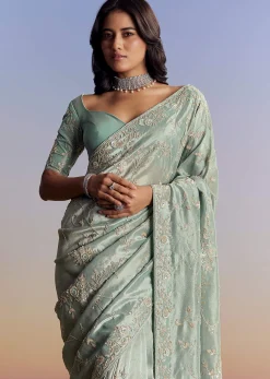 Blue Tissue Saree With Cutdana Sequins And Beads Hand Embroidery