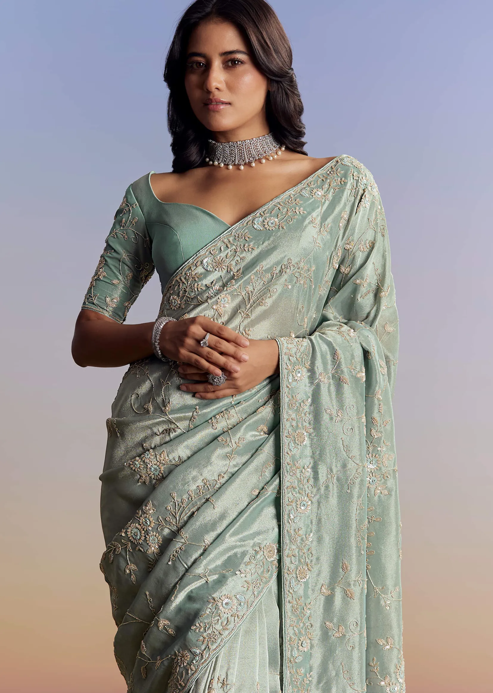 Blue Tissue Saree With Cutdana Sequins And Beads Hand Embroidery