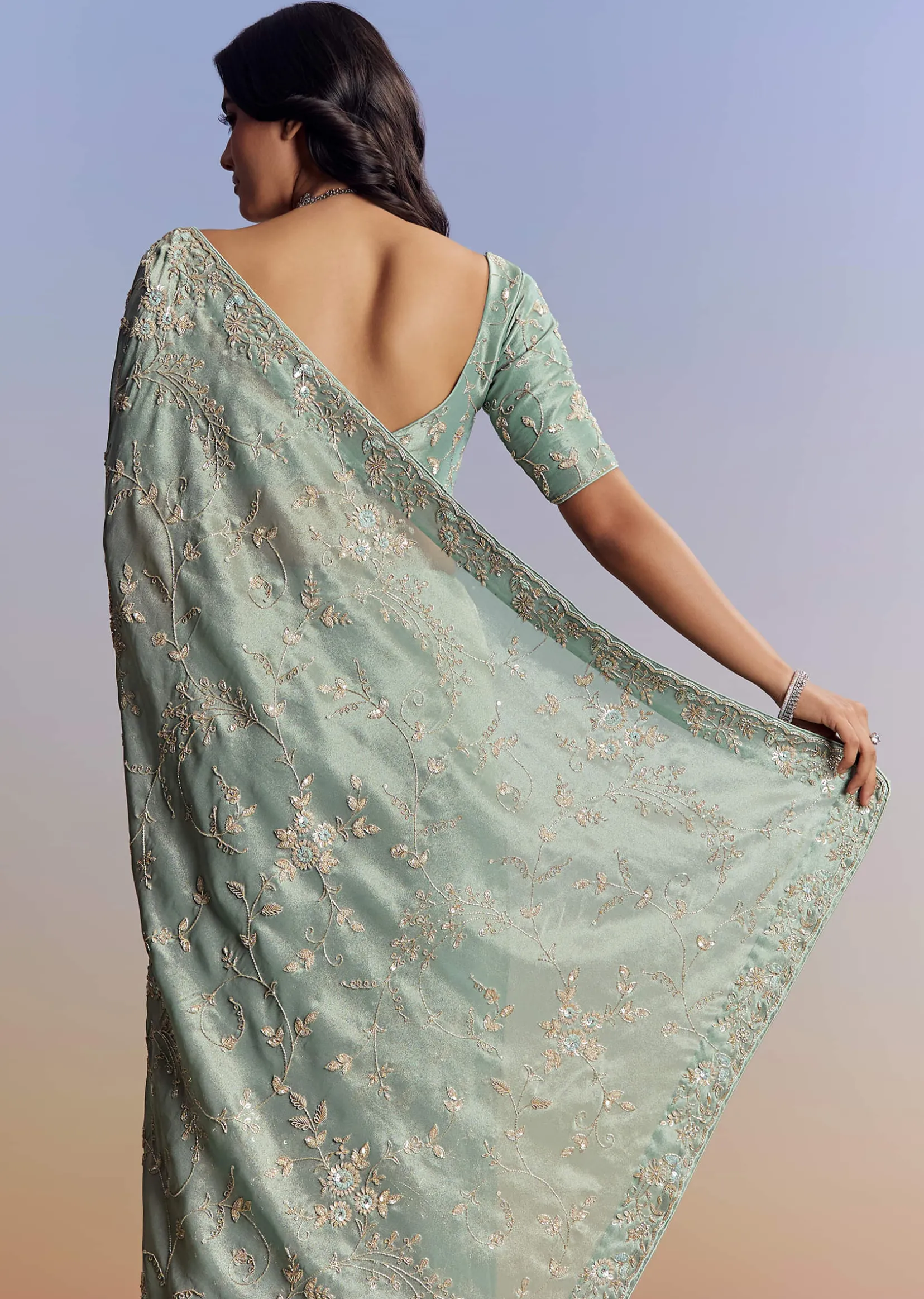 Blue Tissue Saree With Cutdana Sequins And Beads Hand Embroidery