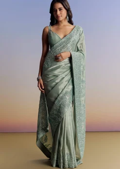 Blue Tissue Saree With Cutdana Sequins And Beads Embroidered Border