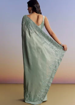 Blue Tissue Saree With Cutdana Sequins And Beads Embroidered Border