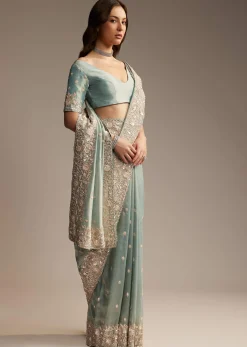 Blue Tissue Saree with Cutwork and Heavy Embroidery