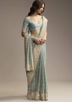 Blue Tissue Saree with Cutwork and Heavy Embroidery