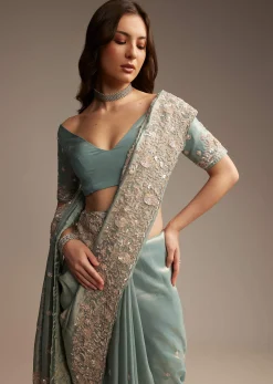 Blue Tissue Saree with Cutwork and Heavy Embroidery