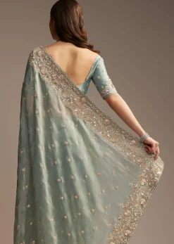 Blue Tissue Saree with Cutwork and Heavy Embroidery