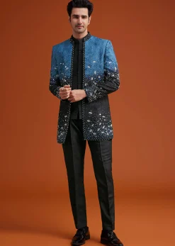 Blue To Black Ombre Indo Jacket Set With Mirror And Sequin Embellishments