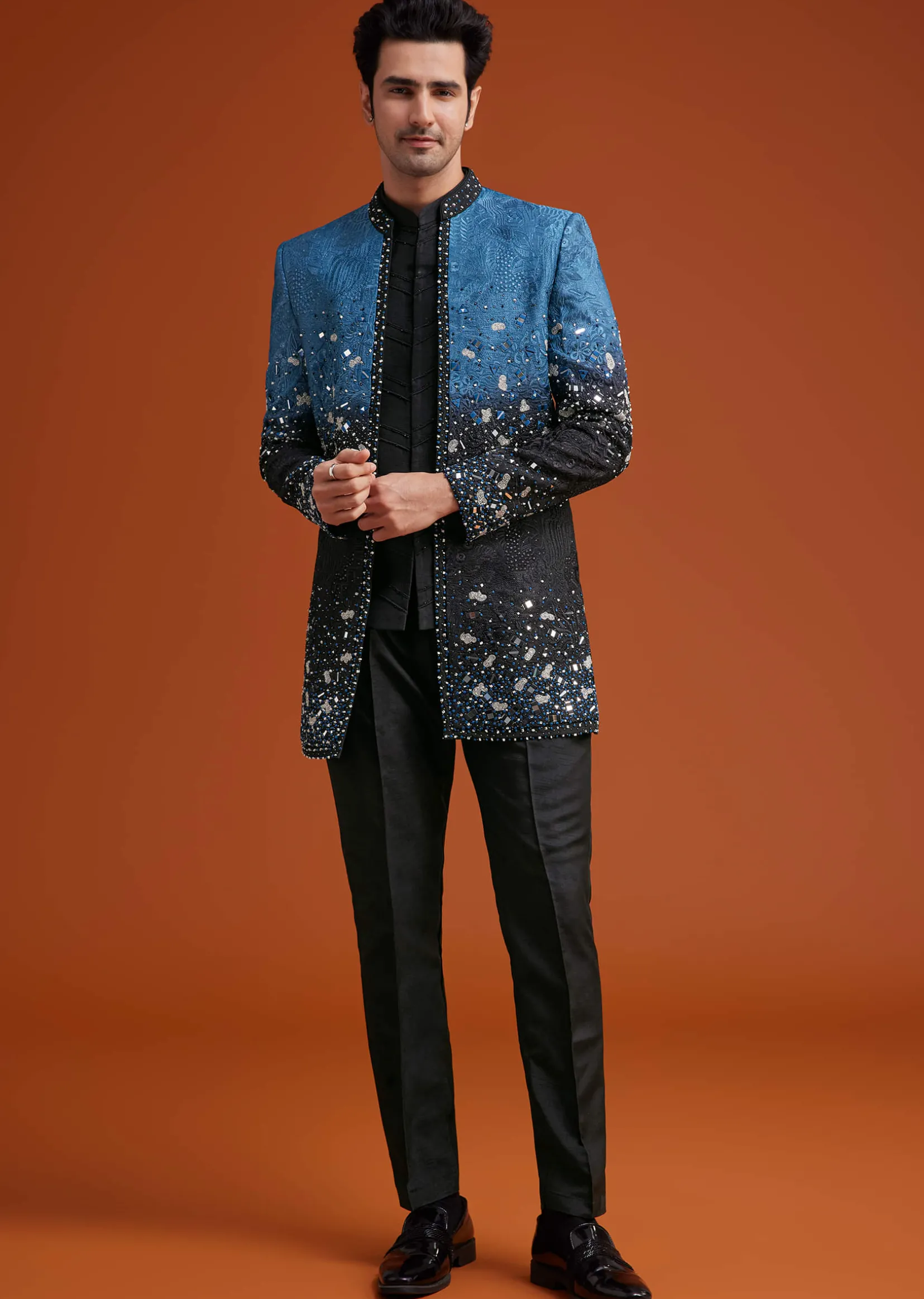 Blue To Black Ombre Indo Jacket Set With Mirror And Sequin Embellishments