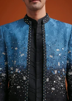 Blue To Black Ombre Indo Jacket Set With Mirror And Sequin Embellishments