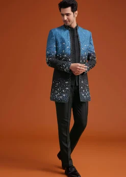 Blue To Black Ombre Indo Jacket Set With Mirror And Sequin Embellishments