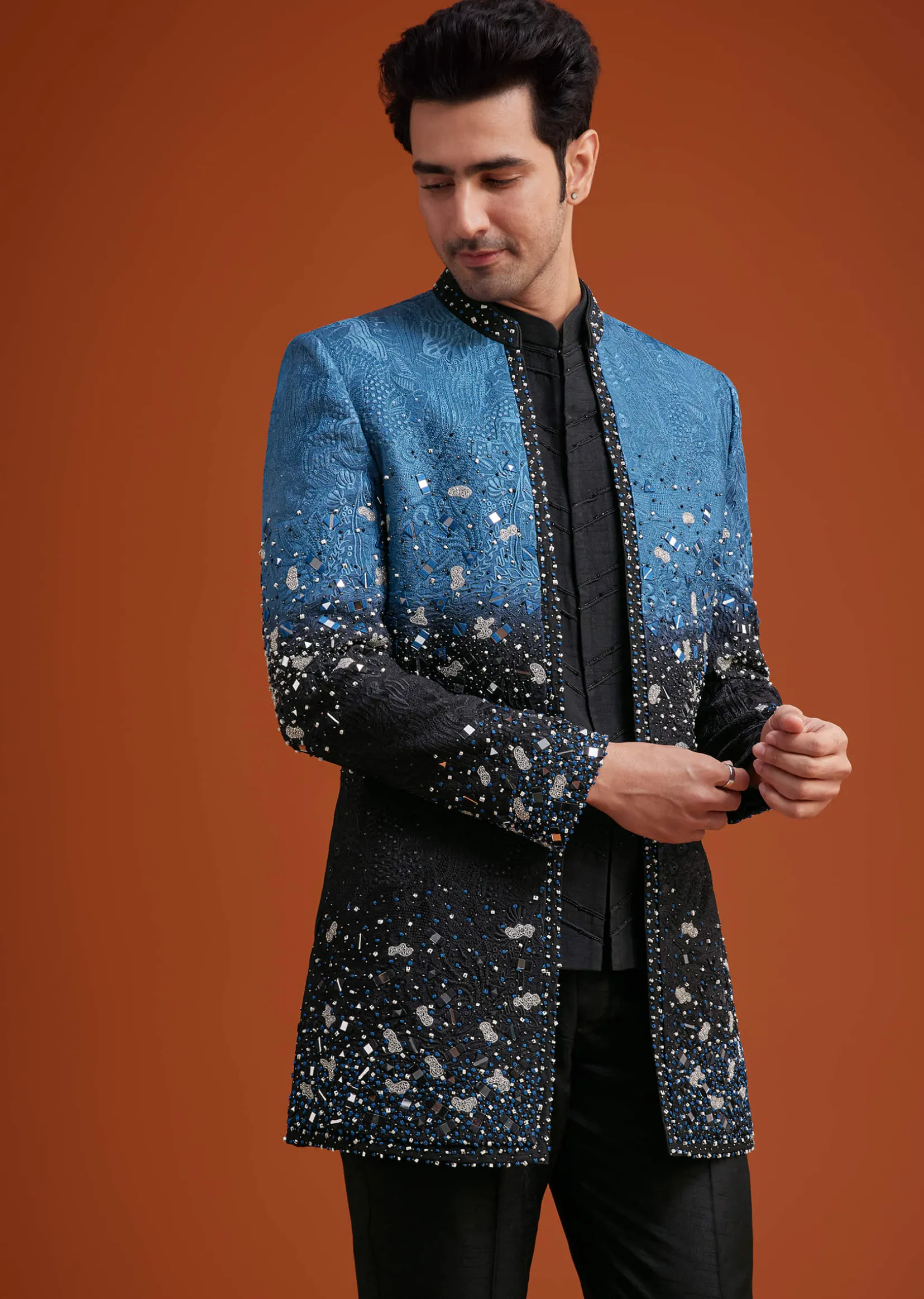 Blue To Black Ombre Indo Jacket Set With Mirror And Sequin Embellishments