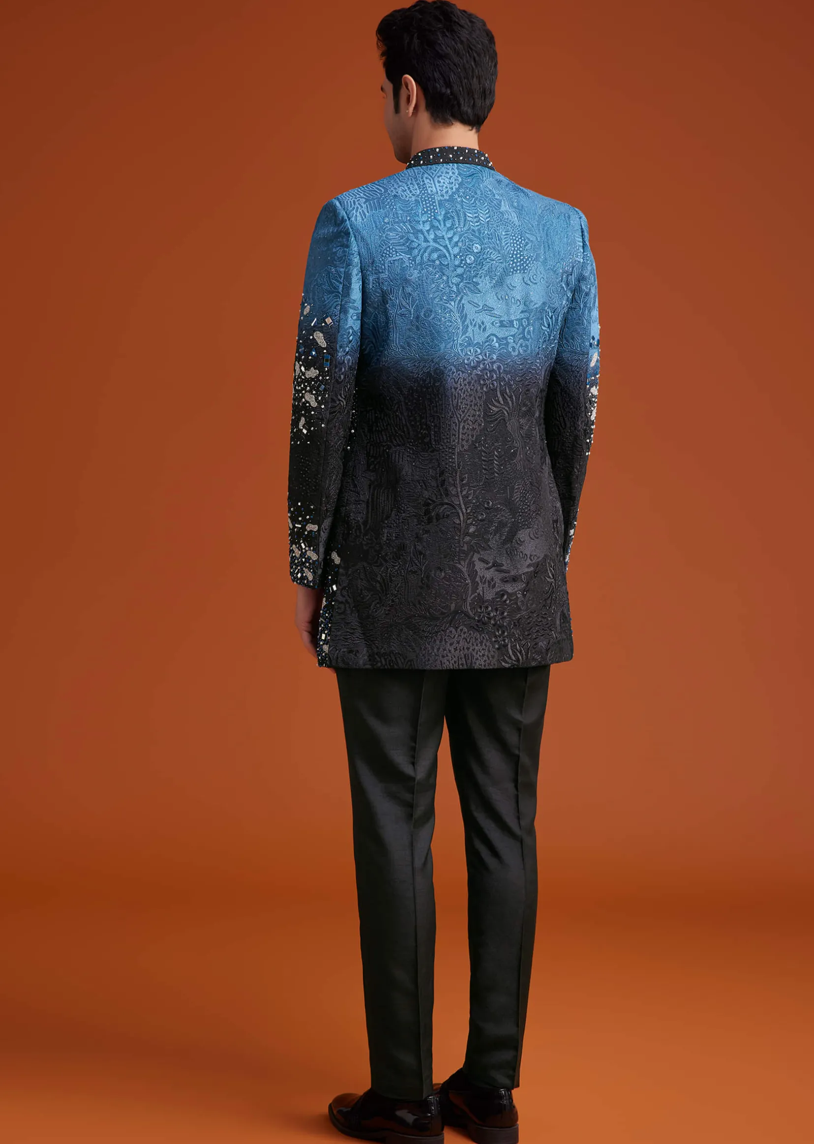 Blue To Black Ombre Indo Jacket Set With Mirror And Sequin Embellishments