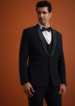 Blue Tuxedo Set With Pearl And Cutdana Work