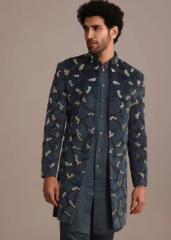 Blue Velvet Hand Embroidered Indo Western Set