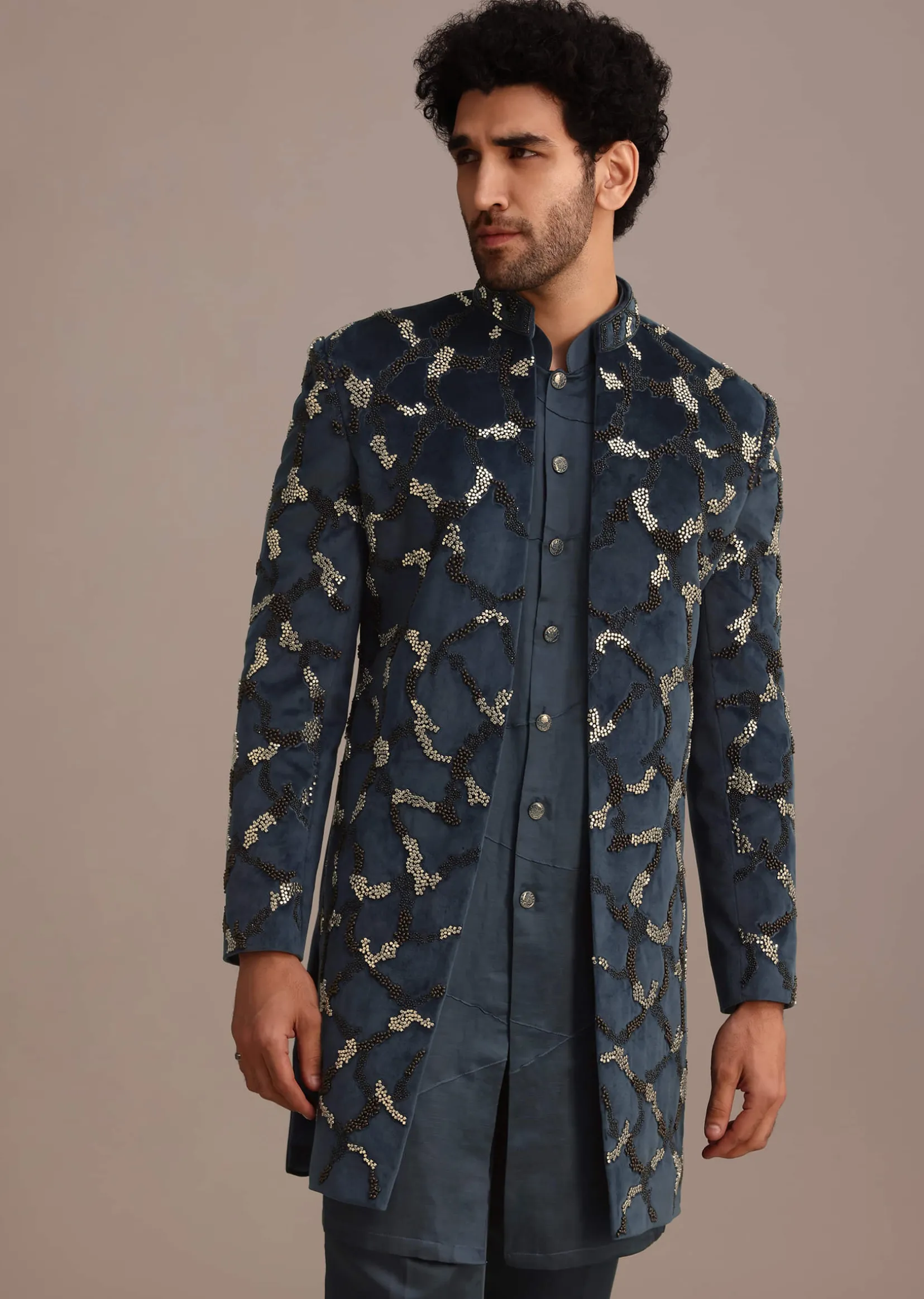 Blue Velvet Hand Embroidered Indo Western Set