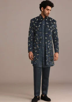 Blue Velvet Hand Embroidered Indo Western Set