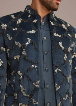 Blue Velvet Hand Embroidered Indo Western Set