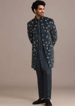 Blue Velvet Hand Embroidered Indo Western Set