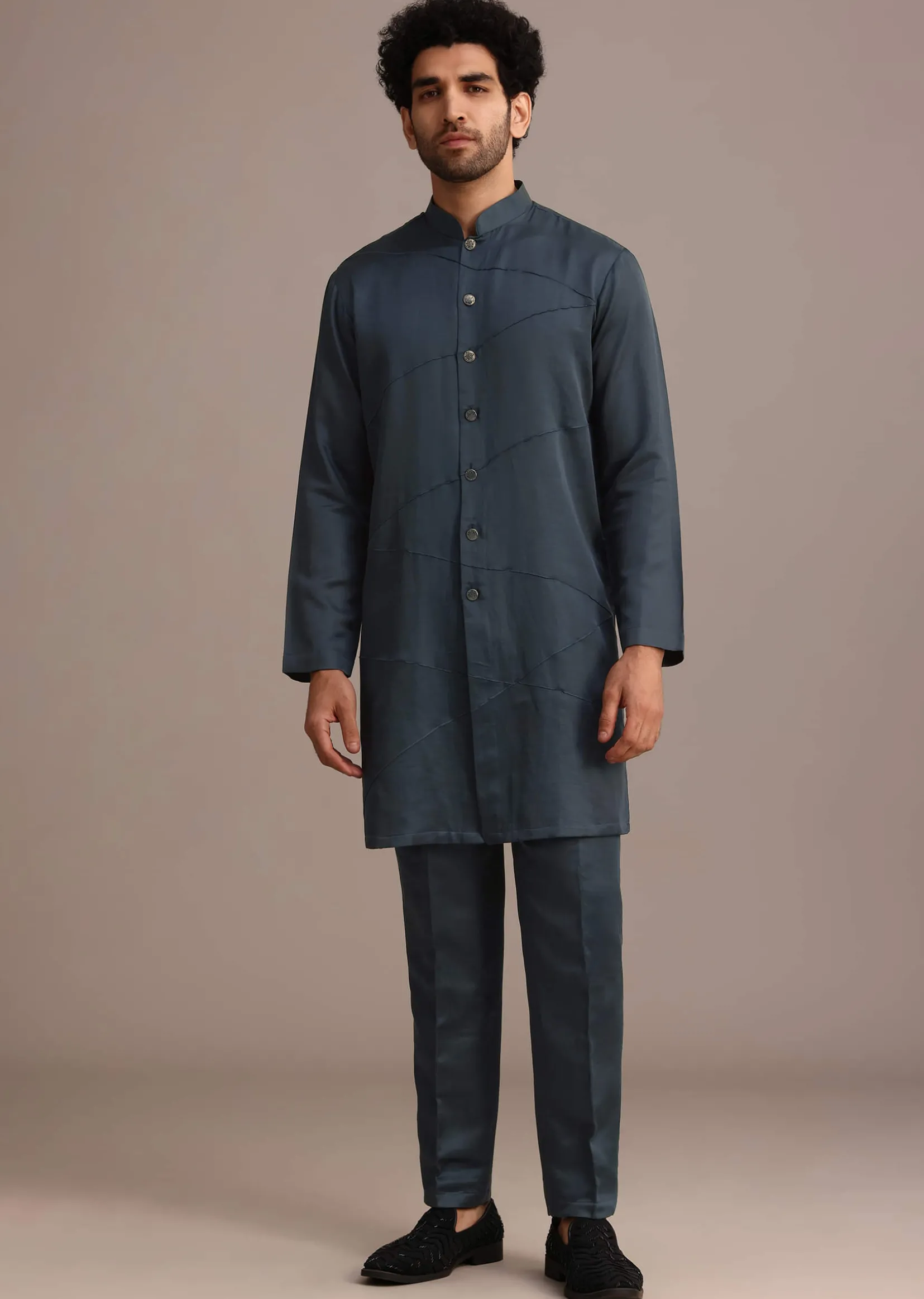 Blue Velvet Hand Embroidered Indo Western Set