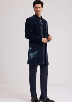 Blue Velvet Indo Jacket Set With Hand Painted Cut Dana Work