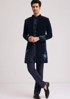 Blue Velvet Indo Jacket Set With Hand Painted Cut Dana Work