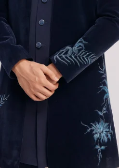 Blue Velvet Indo Jacket Set With Hand Painted Cut Dana Work