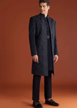 Blue Velvet Indowestern Suit With Cutdana And Thread Work