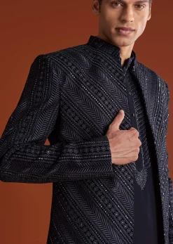 Blue Velvet Indowestern Suit With Cutdana And Thread Work