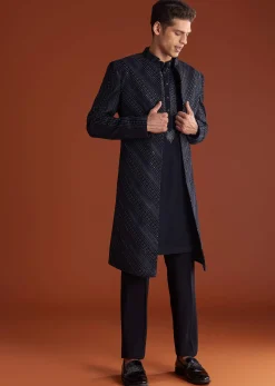 Blue Velvet Indowestern Suit With Cutdana And Thread Work