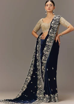 Blue Velvet Saree With Brocade Embroidered Blouse