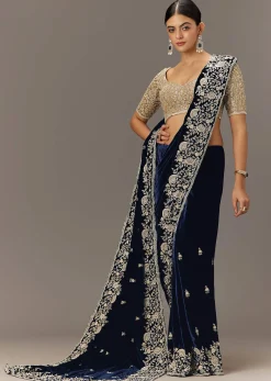 Blue Velvet Saree With Brocade Embroidered Blouse