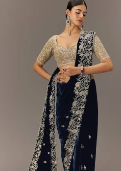 Blue Velvet Saree With Brocade Embroidered Blouse