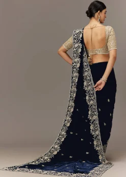 Blue Velvet Saree With Brocade Embroidered Blouse