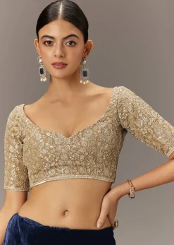 Blue Velvet Saree With Brocade Embroidered Blouse