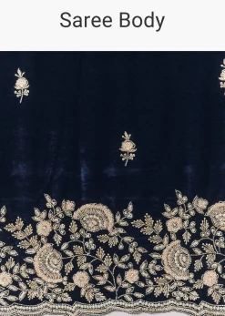Blue Velvet Saree With Brocade Embroidered Blouse