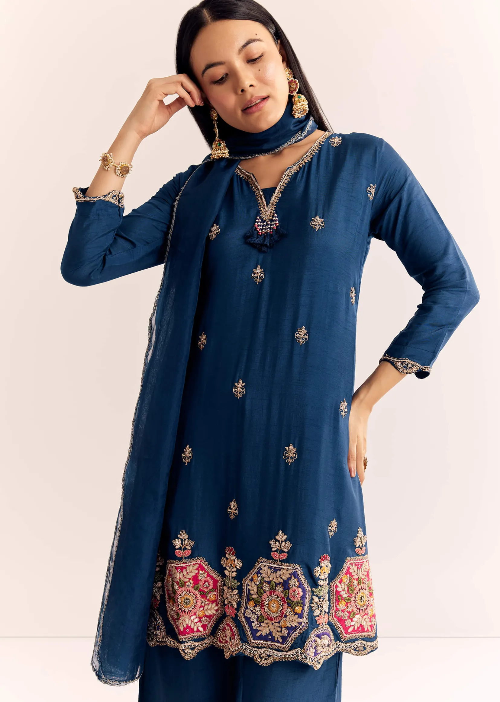 Blue Zardosi Work Dola Silk Kurta Set With Dupatta In Organza
