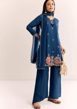 Blue Zardosi Work Dola Silk Kurta Set With Dupatta In Organza
