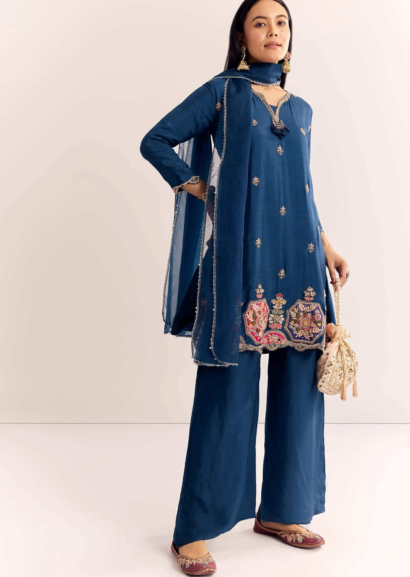 Blue Zardosi Work Dola Silk Kurta Set With Dupatta In Organza