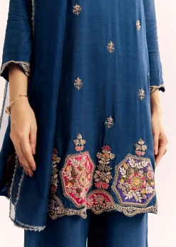 Blue Zardosi Work Dola Silk Kurta Set With Dupatta In Organza