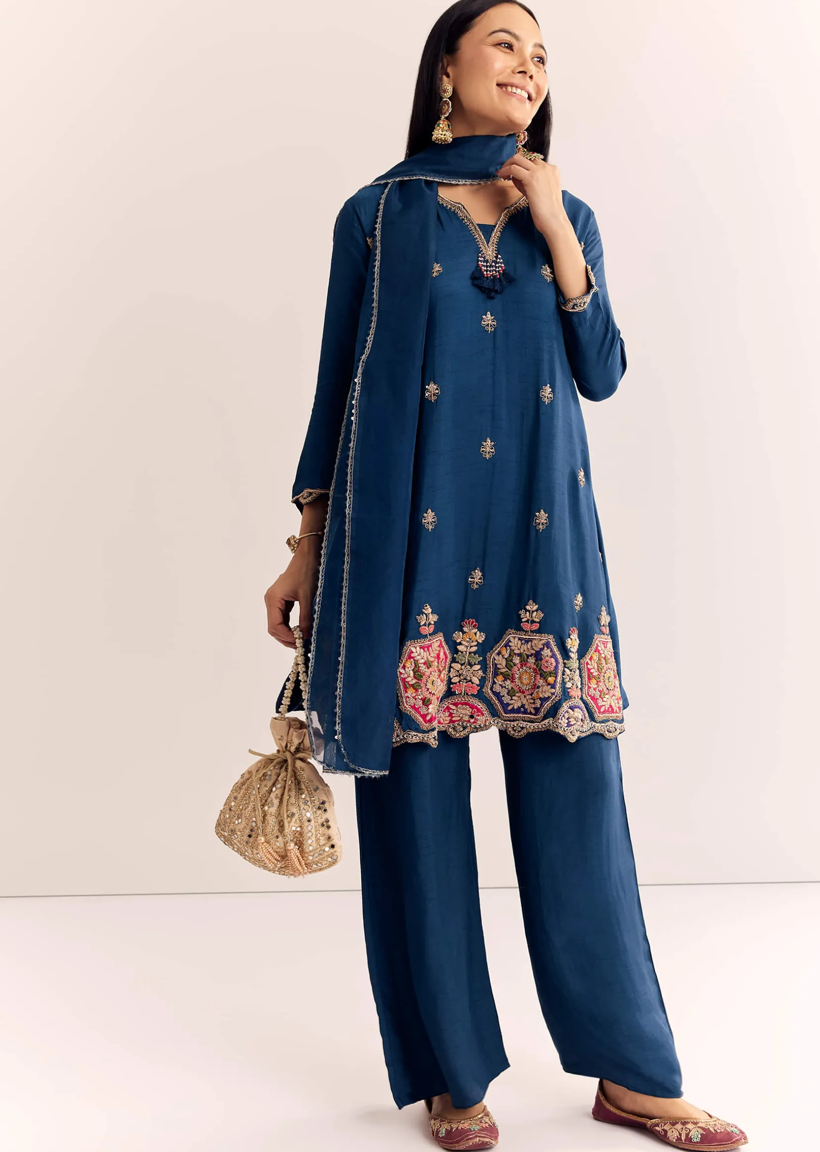 Blue Zardosi Work Dola Silk Kurta Set With Dupatta In Organza