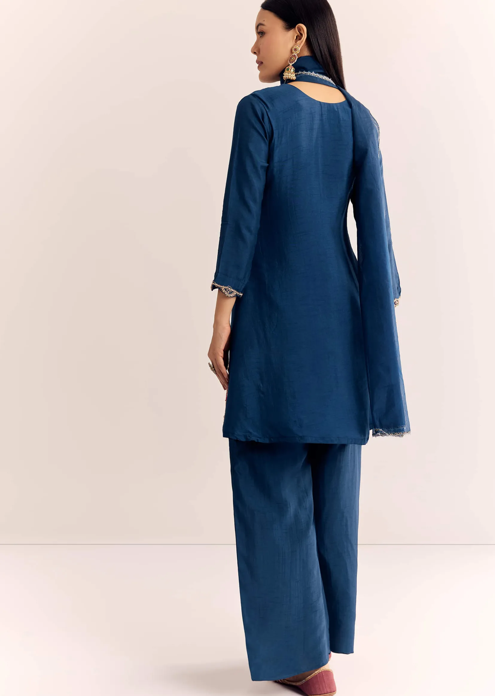 Blue Zardosi Work Dola Silk Kurta Set With Dupatta In Organza