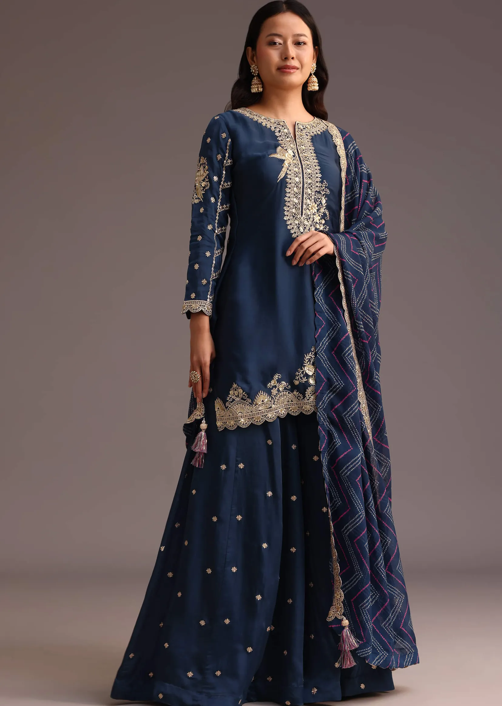 Blue Zari Work Palazzo Suit With Organza Dupatta