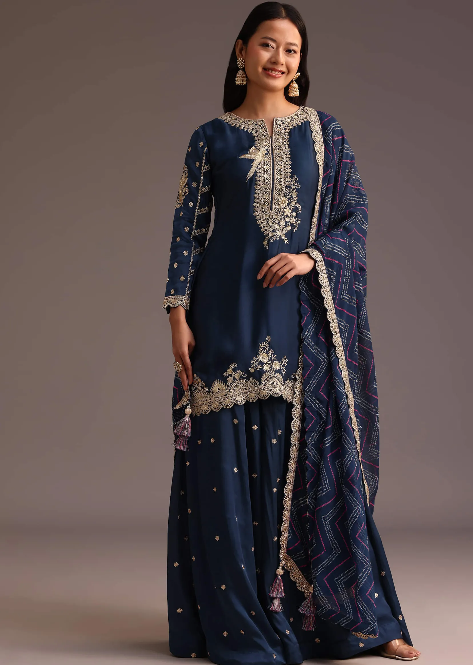 Blue Zari Work Palazzo Suit With Organza Dupatta