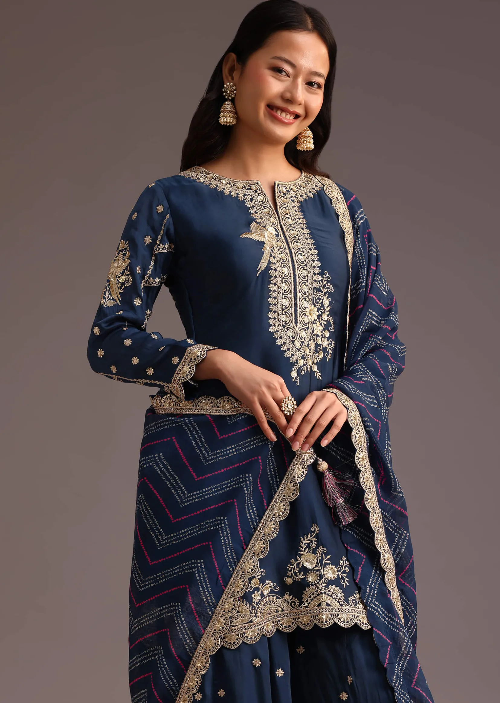 Blue Zari Work Palazzo Suit With Organza Dupatta