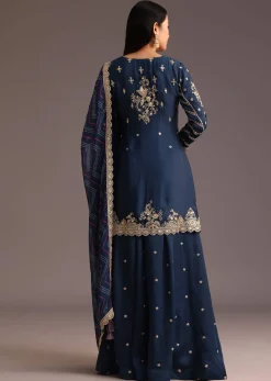 Blue Zari Work Palazzo Suit With Organza Dupatta