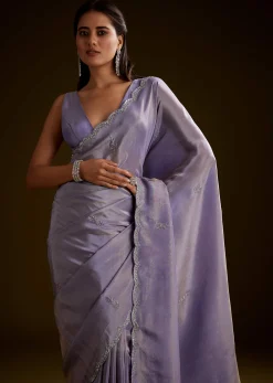 Blush Grey Tissue Saree With Cutdana And Sequins Embroidery And Scallop Border