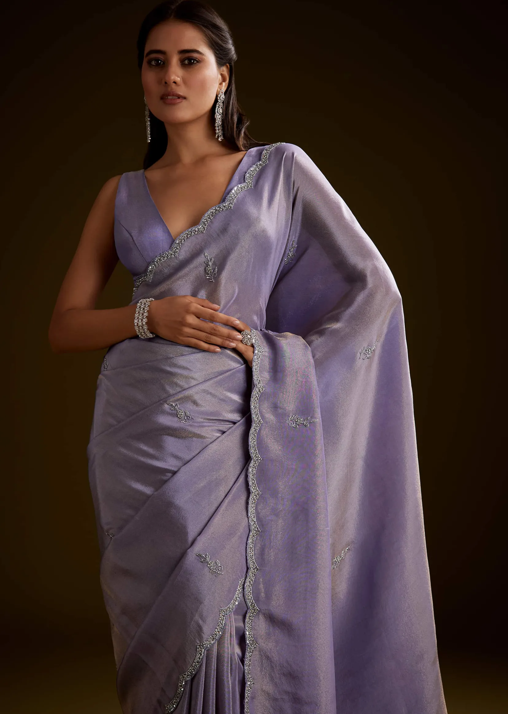 Blush Grey Tissue Saree With Cutdana And Sequins Embroidery And Scallop Border