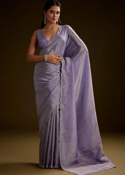 Blush Grey Tissue Saree With Cutdana And Sequins Embroidery And Scallop Border