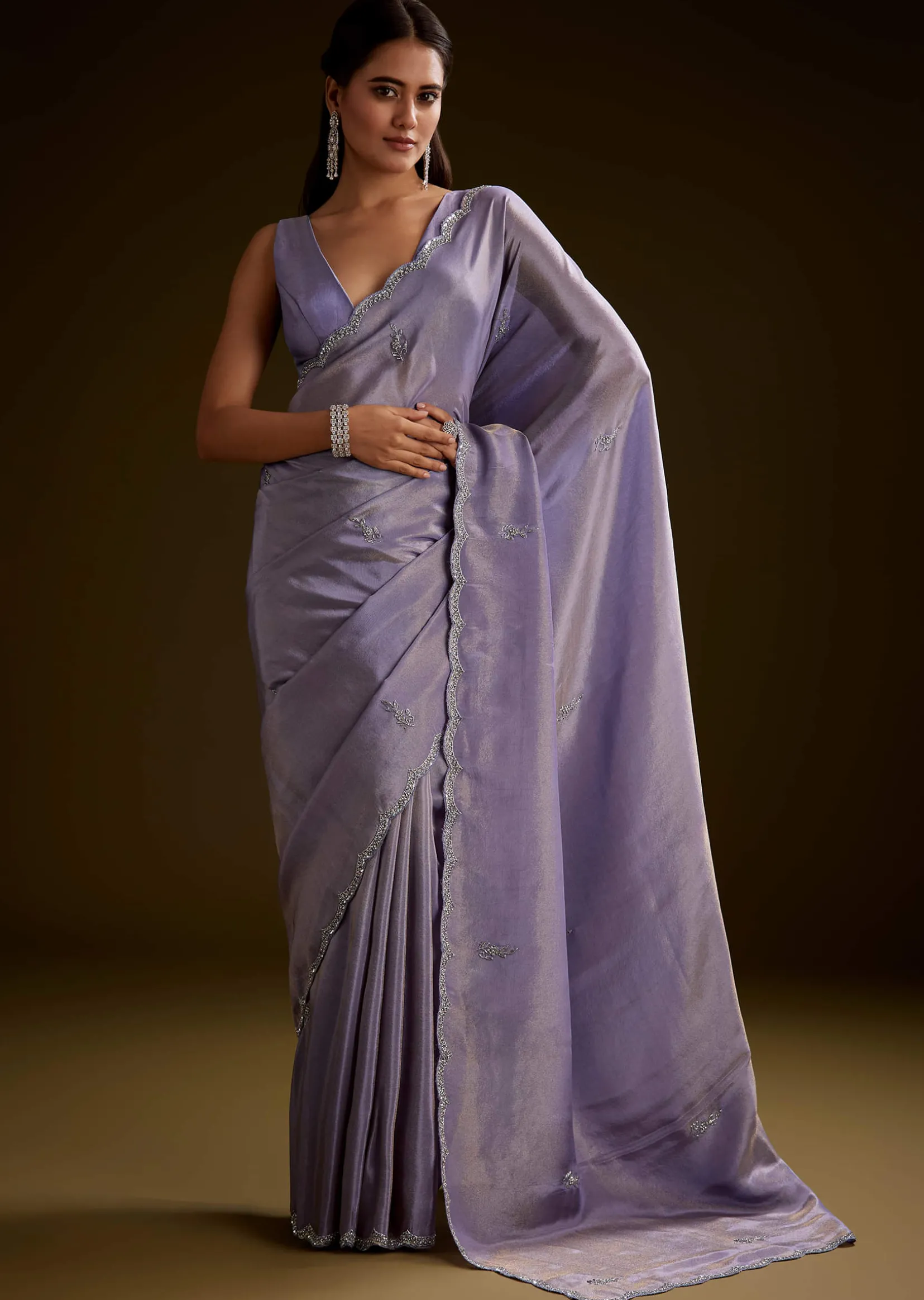Blush Grey Tissue Saree With Cutdana And Sequins Embroidery And Scallop Border